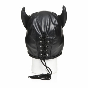 Маска з рогами Master Series: Dungeon Demon Bondage Mask with Horns, чорна 3