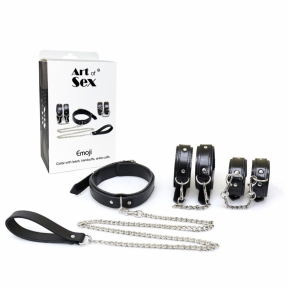 Набор BDSM Art of Sex - Emoji, наручники, поножи, ошейник с поводком, экокожа, черный 3