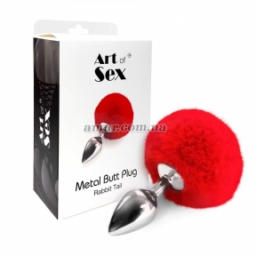 Металева анальна пробка М Art of Sex - Metal Butt plug Rabbit Tail, червона 1