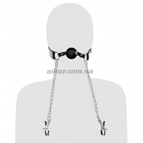 Кляп з'єднаний ланцюгом із затискачами для грудей «Deluxe Ball Gag Nipple Clamps» 0