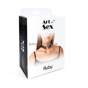 Чокер с металлическим кольцом и шипами из натуральной кожи Art of Sex - Ruby, черный 1