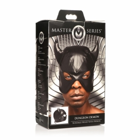 Маска з рогами Master Series: Dungeon Demon Bondage Mask with Horns, чорна 8