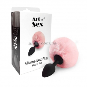 Силиконовая анальная пробка М Art of Sex - Metal Butt plug Rabbit Tail, розовый 2