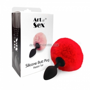 Силіконова анальна пробка М Art of Sex - Silicone Butt plug Rabbit Tail, червона 1