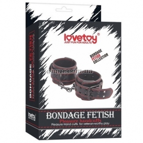 Черные наручники с красной строчкой «Bondage Fetish Pleasure Handcuffs» 4