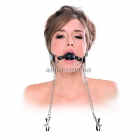 Кляп з'єднаний ланцюгом із затискачами для грудей «Deluxe Ball Gag Nipple Clamps» 1