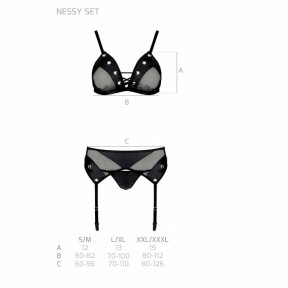 Комплект білизни Passion Nessy Set, чорна, бюстгальтер, пояс для панчіх, стрінги 4