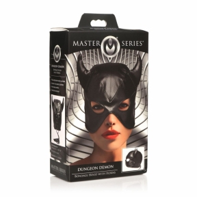 Маска з рогами Master Series: Dungeon Demon Bondage Mask with Horns, чорна 7