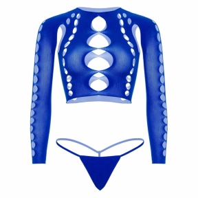 Комплект Leg Avenue Long sleeve crop top & string Royal Blue One Size, топ, стрінги 2