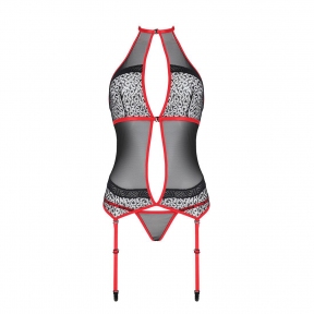 Корсет с пажами Passion Satara Corset, красный, стринги, кружево, застежки спереди и сзади
