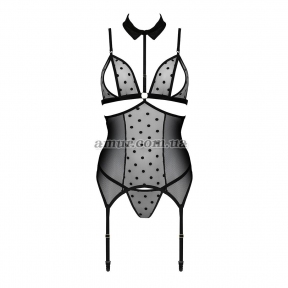 Корсет с открытой грудью Passion Dominica Corset, черный, пажи для чулок, стринги