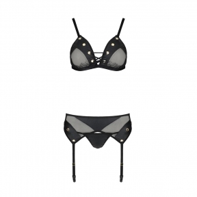 Комплект білизни Passion Nessy Set, чорна, бюстгальтер, пояс для панчіх, стрінги