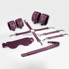 Набір Feral Feelings BDSM Kit 5, фіолетовий, наручники, поножі, хрестовина, маска, паддл