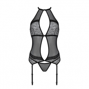 Корсет с пажами Passion Satara Corset, черный, стринги, кружево, застежки спереди и сзади