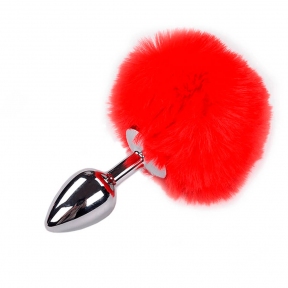 Металева анальна пробка Кролячий хвостик Alive Fluffly Plug, S, червона