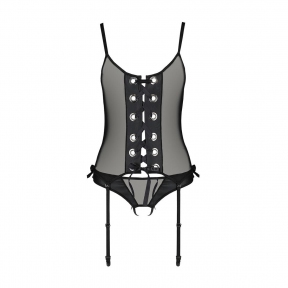 Корсет со шнуровкой Passion Nessy Corset, черный, стринги с открытым доступом, пажи для чулок