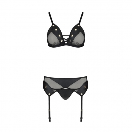Комплект білизни Passion Nessy Set, чорна, бюстгальтер, пояс для панчіх, стрінги