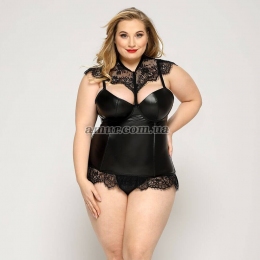  Латексний комплект білизни JSY «Пристрасна Ірис» Plus Size, чорний, корсет, стрінги, мереживо