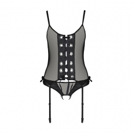 Корсет зі шнурівкою Passion Nessy Corset, чорний, стрінги з відкритим доступом, пажі для панчіх